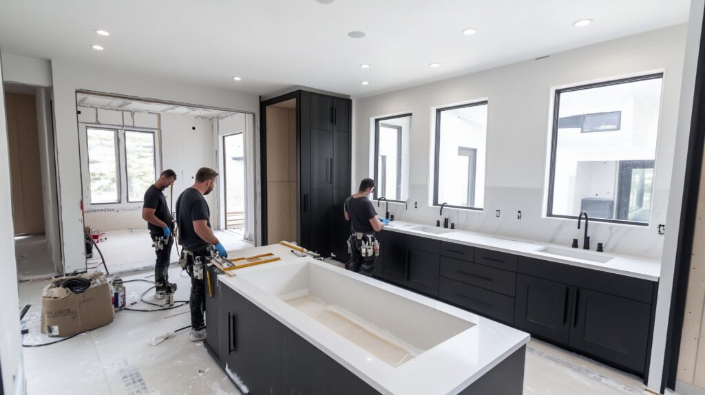 three construction workers installing countertops and cabinets in a modern kitchen during home renovation.